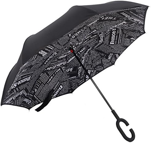 4UGoods Double Layer Inverted Umbrella Outdoor Windproof Inside Out Reverse Folding Umbrella (Black Newspaper)