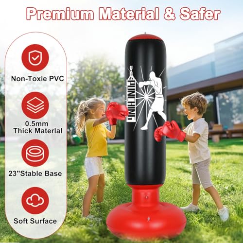 Inflatable Punching Bag 160cm Free Standing Boxing Bag with Gloves | Thicken Sparring Fitness Speed Training Column Practice Equipment for Home MMA Taekwondo Decompression Kickboxing Adults Kids