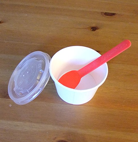 [ 48 ct ] White Soup/Ice Cream Container Cup (8 oz) with Flat Lid Set (Bonus Cooking Chopsticks) (with Bio-Based Spoons (Tomato Red))