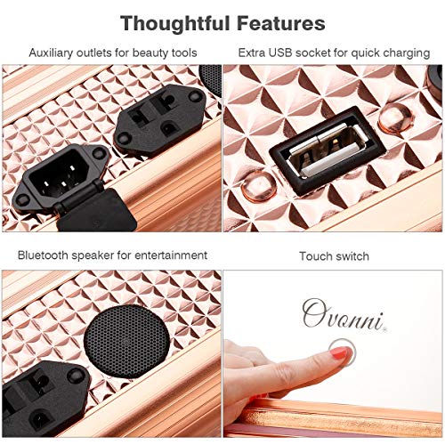 Ovonni Makeup Train Case with Bluetooth Speaker, Free Standing Portable Makeup Station with Lighted Mirror, Cosmetic Organizer Box for Makeup Storage, Rolling Artists Travel Studio for Women - Thumbnail 5