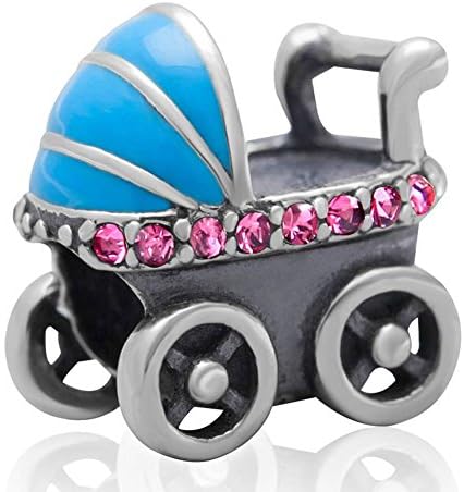 Choruslove Baby Carriage Charm with Rose Crystal 925 Sterling Silver for Snake Chain Bracelet Jewelry
