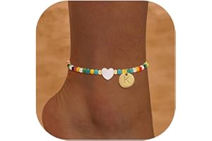 KAERUN Initial Ankle Bracelets for Women Waterproof Handmade Colorful Beaded Anklets for Women Disc 18K Gold Plated Letter Heart Anklet Boho Beach Anklets for Teen Girl Gifts Trendy Vacation Foot Jewelry
