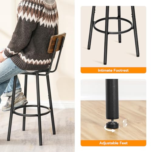 HOOBRO Round Bar Stools, Round High Bar Chairs Set of 2 with Back, Kitchen Counter Height Stools for Kitchen Island, Dining Room, High Stool Chairs with Footrest, Rustic Brown and Black EBF31BY01G2