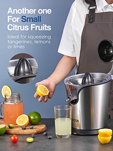 AICOK Orange Juicer Electric Citrus Juicer with Humanized Handle, Powerful 160W Silent Motor Stainless Steel BPA-Free, Two Size Cones for Grapefruits, Orange and Lemon, Silver