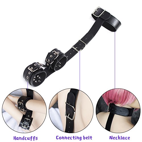 HOT TIME Restraints Black Faux Leather Wrist Cuffs Connect with Neck Collar Bondage Slave Harness Life for Female