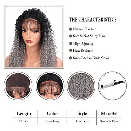Vigorous Long Curly Wig Ombre Silver Grey Lace Front Wigs for Women Pre Plucked 13x6 Deep Part Synthetic Wigs With Baby Hair Dark Roots Gray Wigs for Daily Party Use