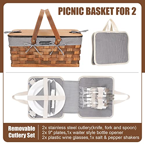 Woodchip Picnic Basket for 2 with Portable Wine Table, Woven Basket