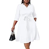 FANDEE Plus Size Midi Dress for Women - Printing Summer Dresses for Wedding Guest Cocktail Party 3/4 Sleeve V Neck(L-5XL)