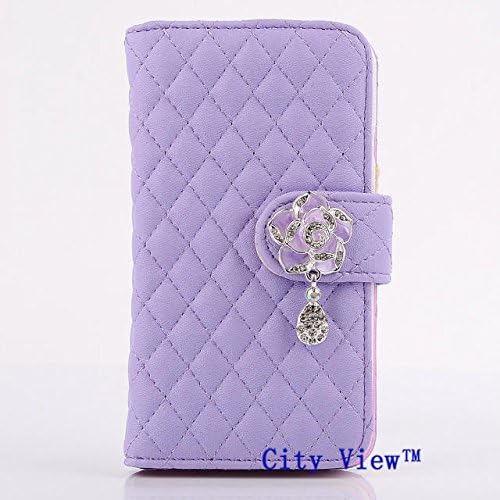 iPhone 6 Case, City View(TM) [Kickstand Feature] iPhone 6 (4.7) Case Wallet [Wallet S] [PURPLE] Luxury Crystal Camellias Button With Diamond PU Leather Magnet Wallet Case with STAND Flip Cover and Card Slots + Screen Protector + Stylus for iPhone 6 (4.7) (2014) (C-Purple)