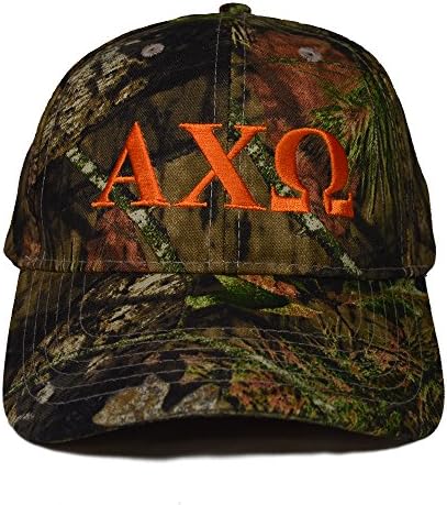 Alpha Chi Omega Letter Design Woods Mossy Oak Camouflage Hat with Orange Thread Baseball Hat Camo