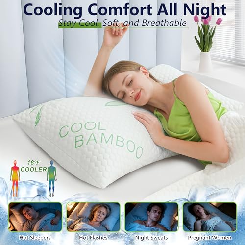 DGPEAR Memory Foam Pillows, Cooling Pillows Queen Size Set of 2 Adjustable Firm Bamboo Bed Pillows for Hot, Side, Back and Stomach Sleepers