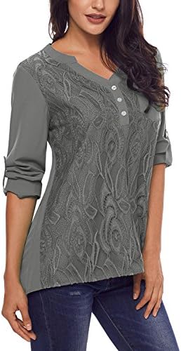 Womens Casual Loose Solid Cuffed Sleeve T-Shirt Lace Panel Blouses Tops S-XXL (XX-Large, Grey)