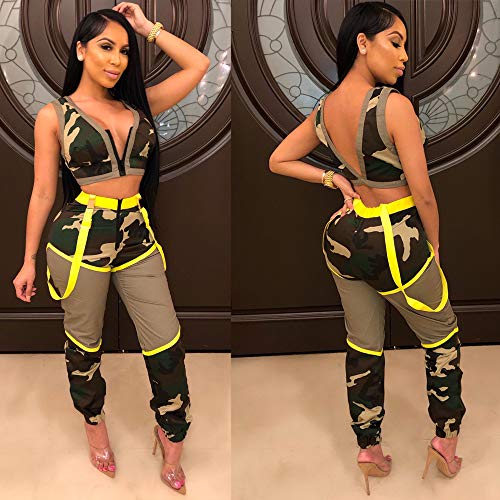 Deloreva Women Two Piece Outfits - Sexy Camouflage Zip UP Sport Bra Crop Vest Tank Long Pants Jogging Suit S - Thumbnail 2