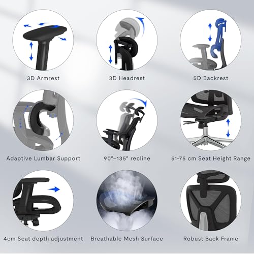 FLEXISPOT ErgoX Ergonomic Office Chair with Footrest for Home Office, Desk Chair with 3D Armrests, 3D Headrest, 5D Adjustable Backrest, Breathable Seat, Maximum Load 136 kg,Mesh Office Chair,Black