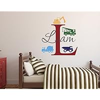 Custom Trucks Boy Name Wall Decal - Construction Wall Decals - Nursery Wall Decals - Trucks Decal - Vinyl Baby Nursery Decor (26Wx28H)