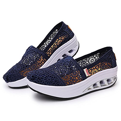 gracosy Women's Lace Breathable Platform Casual Shoes Trainers Slip On Comfort Wedge Moccasin Loafers Thick Heel Pumps Shoes Toning Rocker Shoes Summer Fitness Outdoor Walking Sneaker