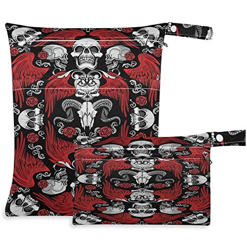 visesunny Vintage Skull Rose Gothic Texture 2Pcs Wet Bag with Zippered Pockets Washable Reusable Roomy for Travel,Beach,Pool,Daycare,Stroller,Diapers,Dirty Gym Clothes, Wet Swimsuits, Toiletries