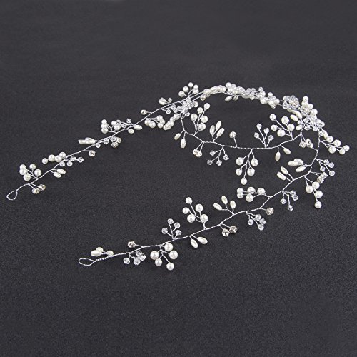 Beauty7 Silver Wedding Bridal Vine Wreath Headband Halo Wired Decorative Accessories Crystal Rhinestone Simulated Pearl Bride Bridesmaid Flowergirl Women Girl Long Hair with 2 Bobby Pins Set 39.4" - Thumbnail 4