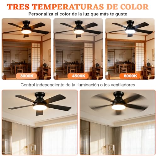 Ventilador de Techo con Luz de 42 Inch/107cm, Montaje Empotrado con Control Remoto, Silencioso de 5 Aspas, 3cct+6 Velocidades, Motor Reversible, Negro