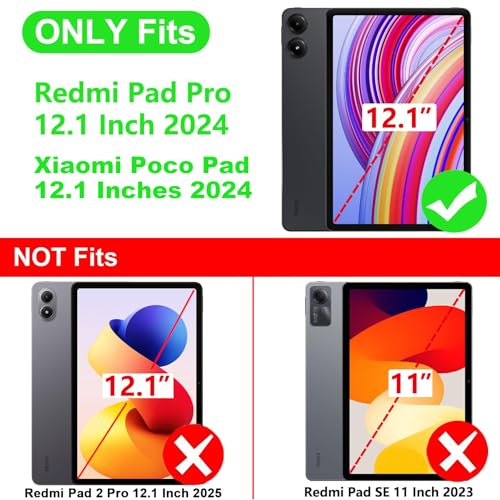 zenrich Shockproof Case for Xiaomi Redmi Pad Pro 12.1 Inch 2024, Rugged Armor Protective Case with Screen Protector, Rotating Stand, Hand Strap & Adjustable Shoulder Strap, Stylus Holder - Black