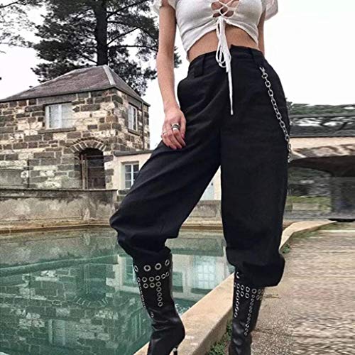Harem Baggy Pants for Women,Teens Girls Casual Hip Hop Dance Jogging Sweat Pants Slacks Trousers with Pocket Chain (L, Black)