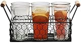 Circleware Rooster Ranch Glass Milk Drinking Bottles/1 Metal Caddy with Wooden Handles, Set of 6, 6-16 oz., Clear