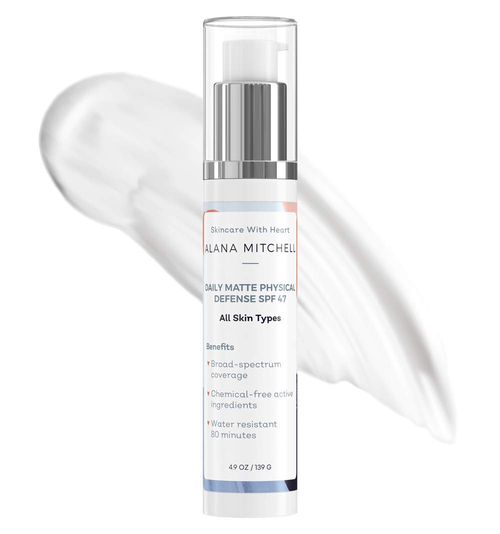 Daily Broad Spectrum Physical Defense Sunscreen Matte Moisturizer with Alpha Lipoic Acid and Zinc Oxide SPF 47 By Alana Mitchell 4.9oz FDA Approved Reef Safe Protectant Sheer Finish For All Skin Types
