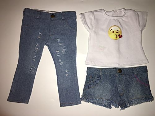 3 PC Set. Ripped Jeans, Emoji Tee &amp; Frayed Denim Shorts Fits American Girl Dolls