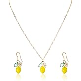 CLOORDE Lemon Necklace Earrings Set for Women Dainty Yellow Lemon Flower Pendant Necklace Cute White Floral Leaf Lemons Dangle Earrings Party Prom Daily Jewelry Accessories Gifts for Her