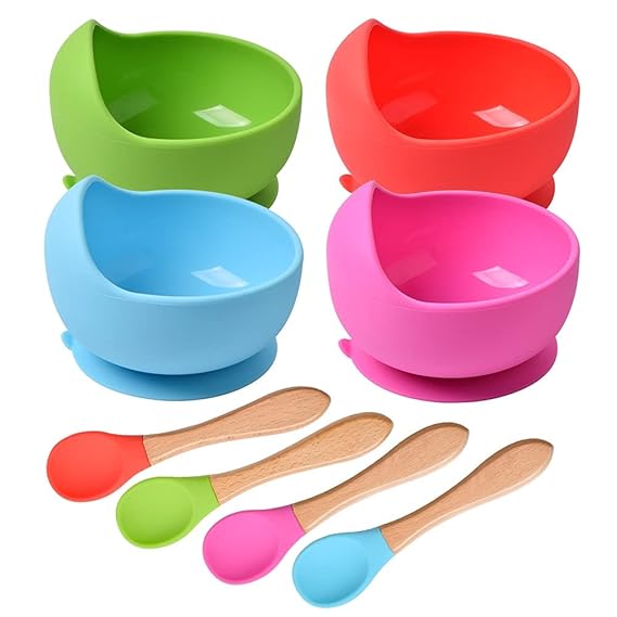 Baby Bowl Spoon Silicone Tableware Children Wooden Handle Silicone