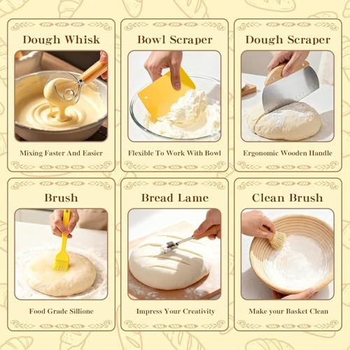 Sourdough Starter Kit, Sourdough Bread Baking Supplies, Round & Oval Banneton Bread Proofing Basket, Bread Sling, Starter Jar, Dough Whisk, Scrapers, Stencils & Bag, Complete Sourdough Kit Gifts