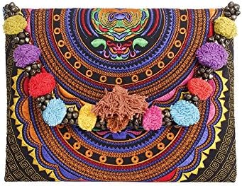 ETHNIC LANNA Envelope Clutch Handbag with Superior Embroidered Tribal Fabric and Pom Poms Ethnic