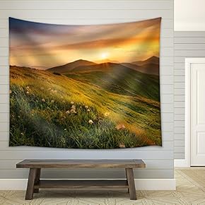 Mountain Field During Sunset. Beautiful Natural Landscape - Fabric Wall Tapestry Home Decor - 51x60 inches
