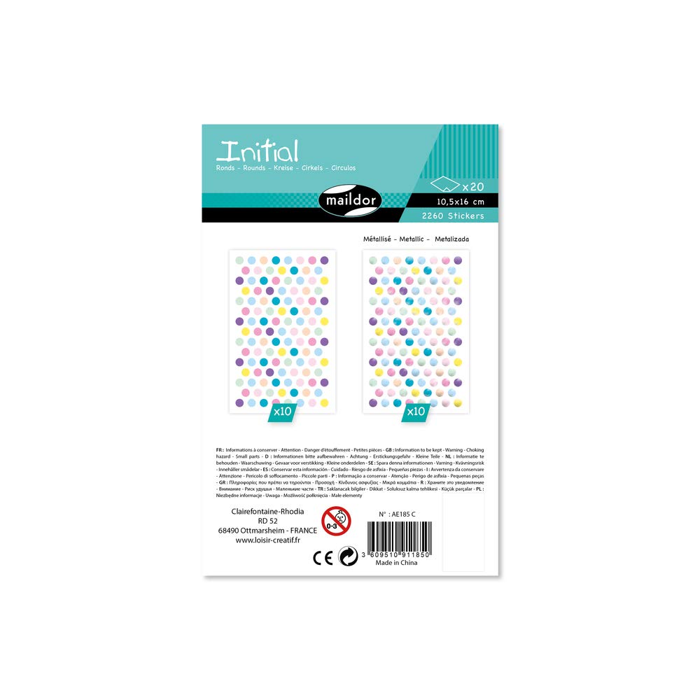 Maildor AE185C - Un sachet de gommettes Initial 20 planches 10,5x16 cm, Mini-ronds métals et pastels (2 260 stickers)
