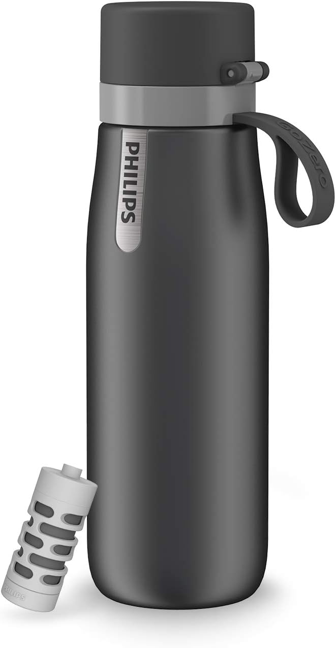 Philips Water GoZero Everyday Insulated Stainless Steel Filter Water Bottle, Designed with Philips Everyday Filter That fits in The Straw to Filter Tap Water into Cleaner-Tasting Water, Grey, 20oz : Sports & Outdoors