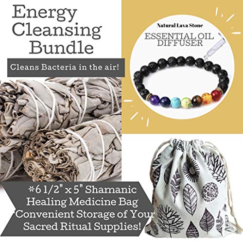 Sage Incense Smudge Sticks 3 Pack & Healing Crystals and Healing Stones Chakra Kit, Spiritual Stones 7 Chakra Diffuser Bracelet (Unisex), Gemstone Oil Roller, Essential Oil Gift Set(Amethyst Quartz)