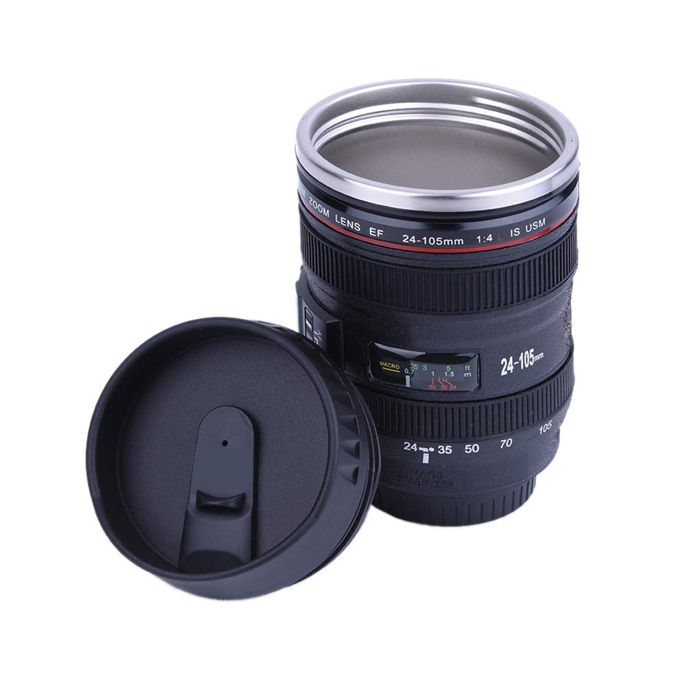 Splend Camera Lens Coffee Mug,Lens Cups Stainless Steel Tumbler Leakproof Travel Mug Tea Water Bottle with Lid and Spoon(Five Dynasties-(Black))