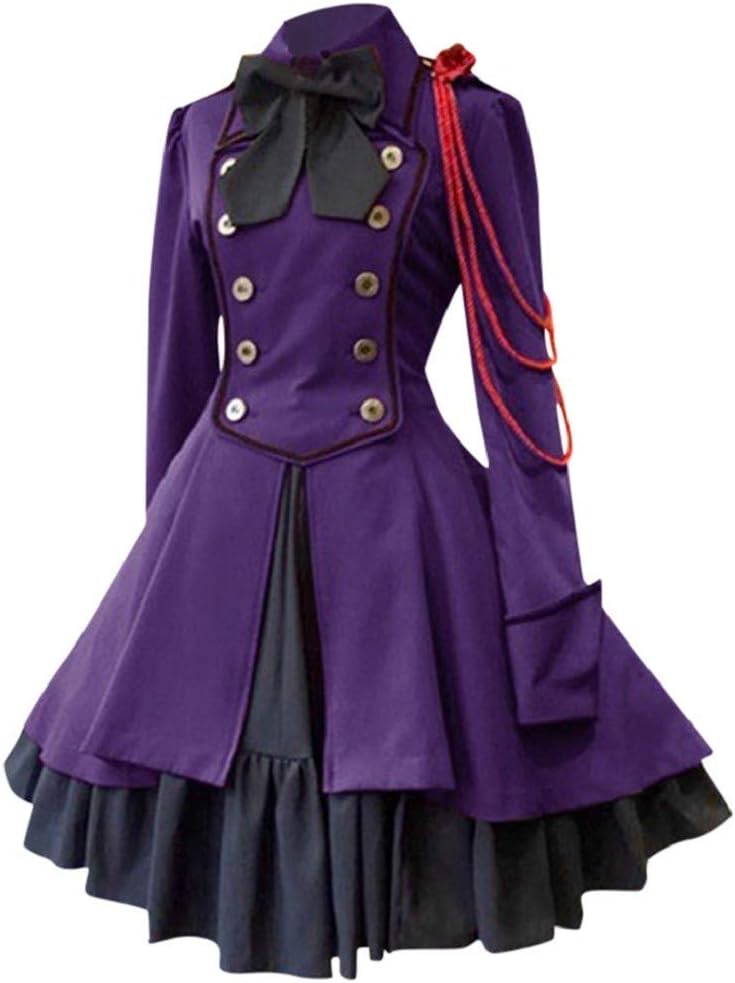 Gothic Dress Women Ladies Vintage Bow Knor Long Sleeve Lace Medieval Renaissance Costume Dresses Lotita Cosplay Princess Dress Ladies Halloween Party Evening Rockabilly Court Cocktail Fancy Dress