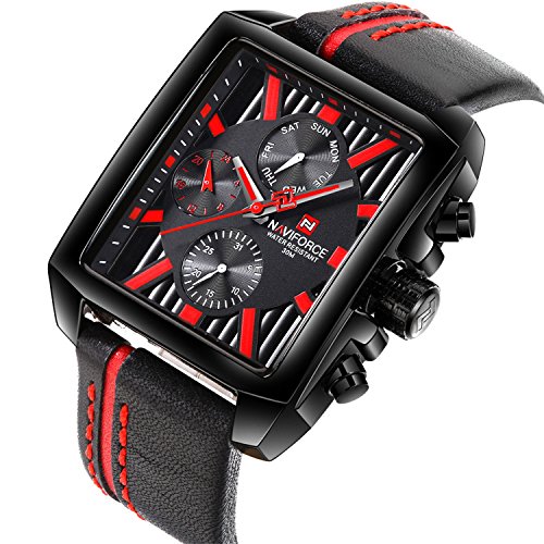 Luxury Business Fashion Casual Sports Leather Quartz Rectangle Dial Waterproof Men Date Military Watch (Black Red)