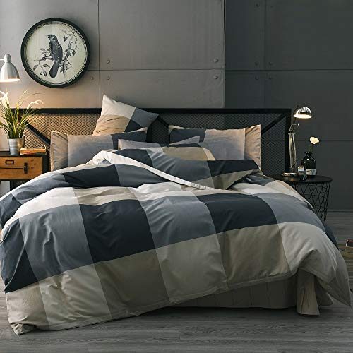 LifeTB Cotton Grid Plaid Duvet Cover Set Queen Modern Reversible Checkered Hotel Quality Zipper Closure Bedding Collection (NO Comforter)