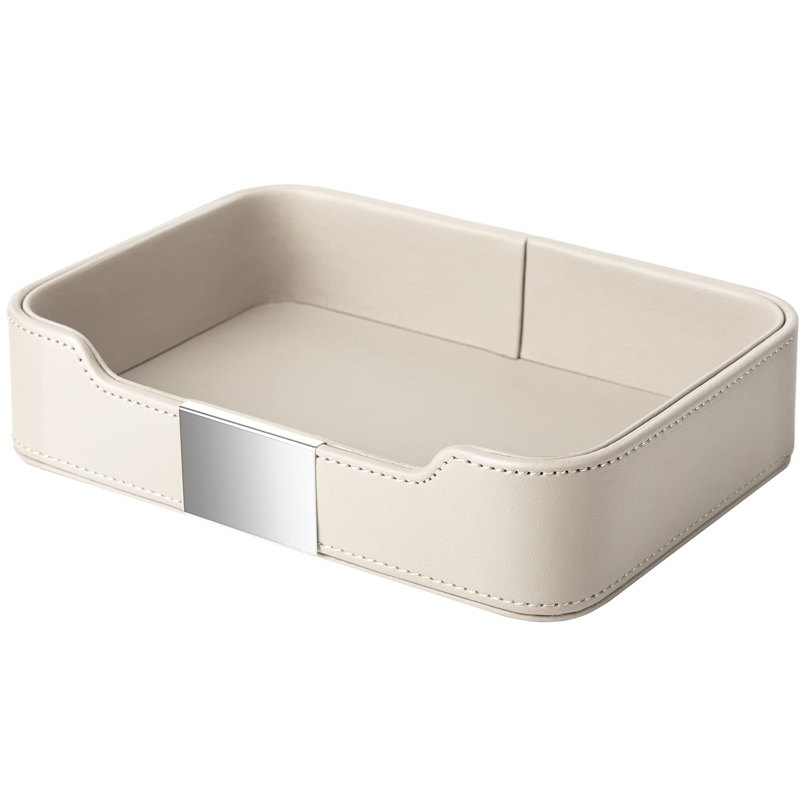 SANZIE Luxury Leather Tray Desktop Storage Catchall Organizer Decorative Tray for Entryway Table to hold Jewelry Watch Cosmetics Keys Phone Wallet Home & Office Accessories (Metal Silvered, Grey)