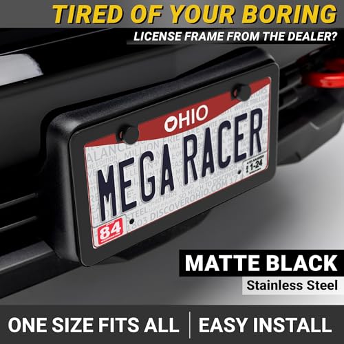 Premium Slim Matte Black License Plate Frames – 2 Pack, Rust-Free Stainless Steel & Rattle-Free, Street Legal, Universal with Screw Caps, Thin Metal Front & Rear Car Tag Holders for Men & Women