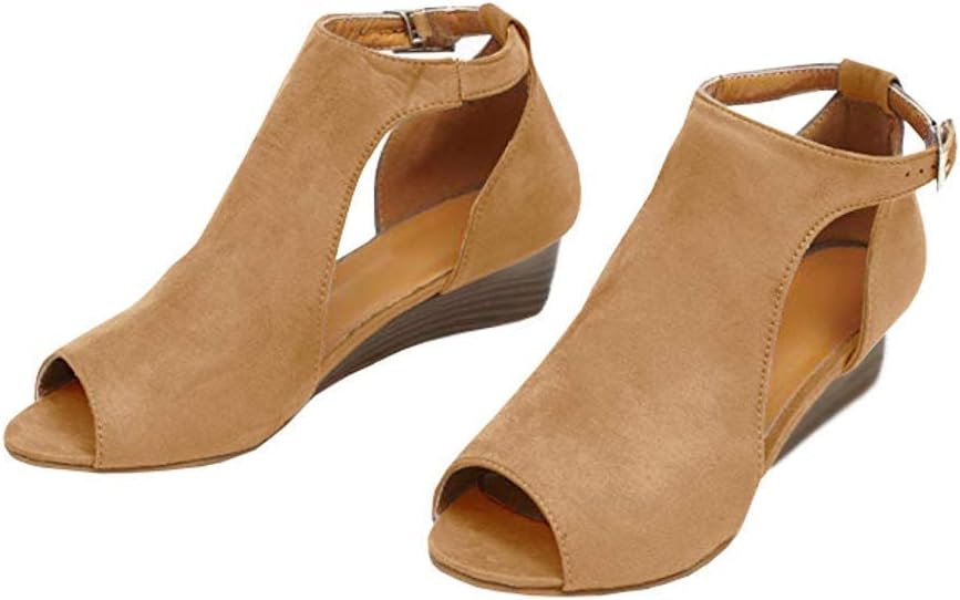 SySea Womens Low Heel Ankle Buckle Boots Slip On Cut Out Wedge Block Stacked Peep Toe Platform Ankle