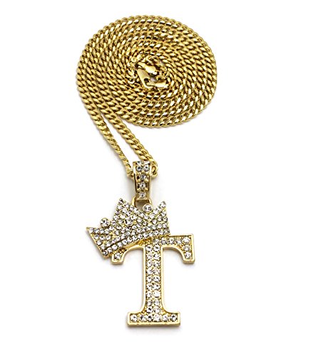 Iced Out King Crown Alphabet T Pendant 24" Various Chain Necklace in Gold, Silver Tone (Gold / 3mm 24" Cuban Chain)