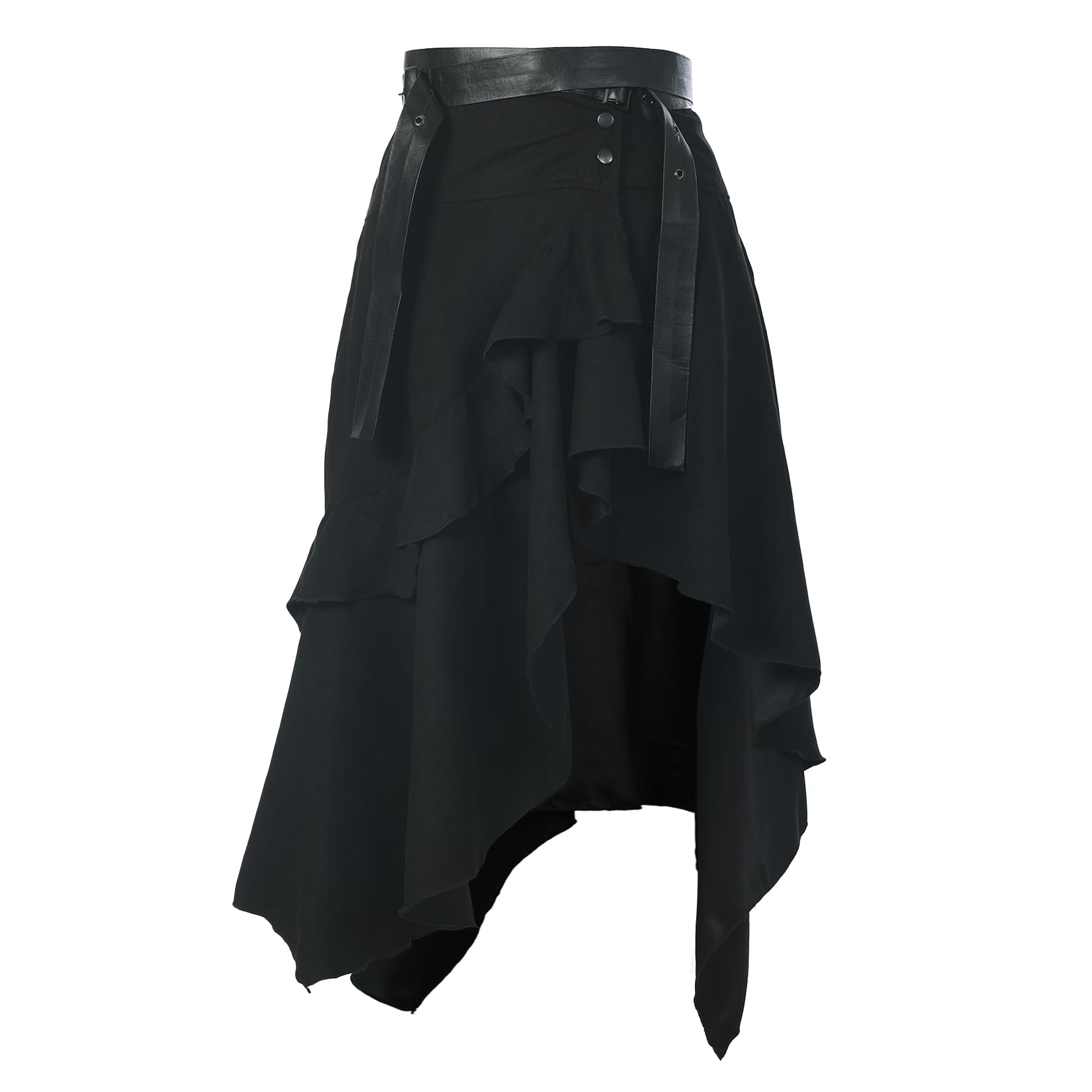 Vintage Suede Skirt for Women Gothic Punk Style Irregular Ruffled High Waist A-line Skirt with Belt Black