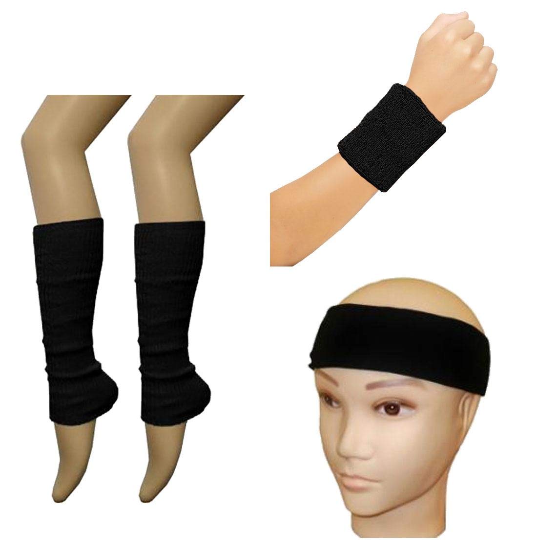 DigitalSpot Womens Wristbands Headband And Legwarmers Set Ladies 80s Themed Party Sweatbands Fancy Dress Accessory Black