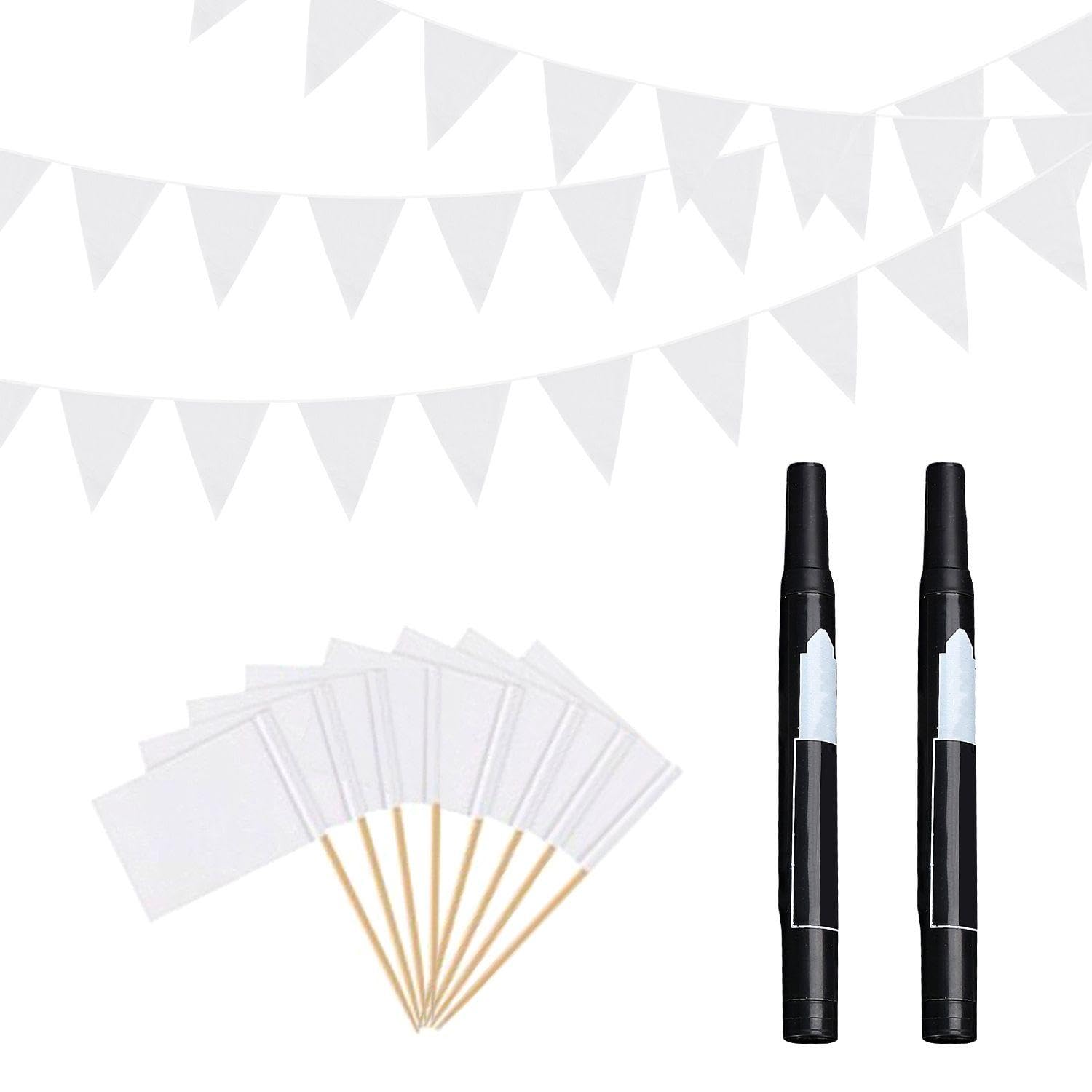 1 Piece of 40 White Pennants, 100 Pieces of White Toothpick Flags, 2 Pieces of Black Markers, White Bunting, Wedding Bunting, Flag Bunting
