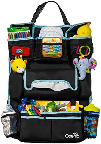 Osenia Backseat Car Organizer w/ Detachable Pouch | Extra Large Travel Cargo Storage Carrier for Babies, Toddlers, Kids | Multiple Pockets for Bottles, Tissue Box, Toys, Entertainment