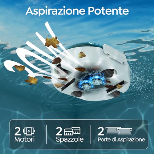 BRINBO S2 Robot Piscina, Aspirapolvere Senza Fili Ricaricabile, Doppia Filtrazione e Doppio Motore, 90min Funzionamento, 2,5H Ricarica Rapida, Parcheggio Automatico(Azul perlado Blanco)