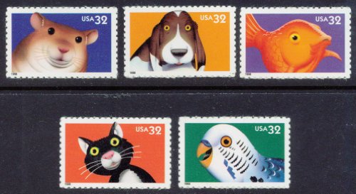 Bright Eyes: Pets on stamps: Dog, Goldfish, Cat, Parakeet, Hamster